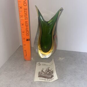Vtg Murano Art Glass Sommerso Vase Fish Tail Italy 8” Green Vero SRL Cert 2 lb